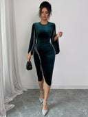 Haislee | Women's Crew Neck Split Sleeve Beaded Fringe Velvet Midi Dress