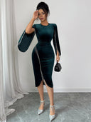 Haislee | Women's Crew Neck Split Sleeve Beaded Fringe Velvet Midi Dress
