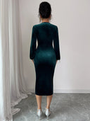 Haislee | Women's Crew Neck Split Sleeve Beaded Fringe Velvet Midi Dress