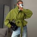 Harriet | Women's High Neck Textured Belted Long Sleeve Jacket