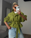 Harriet | Women's High Neck Textured Belted Long Sleeve Jacket
