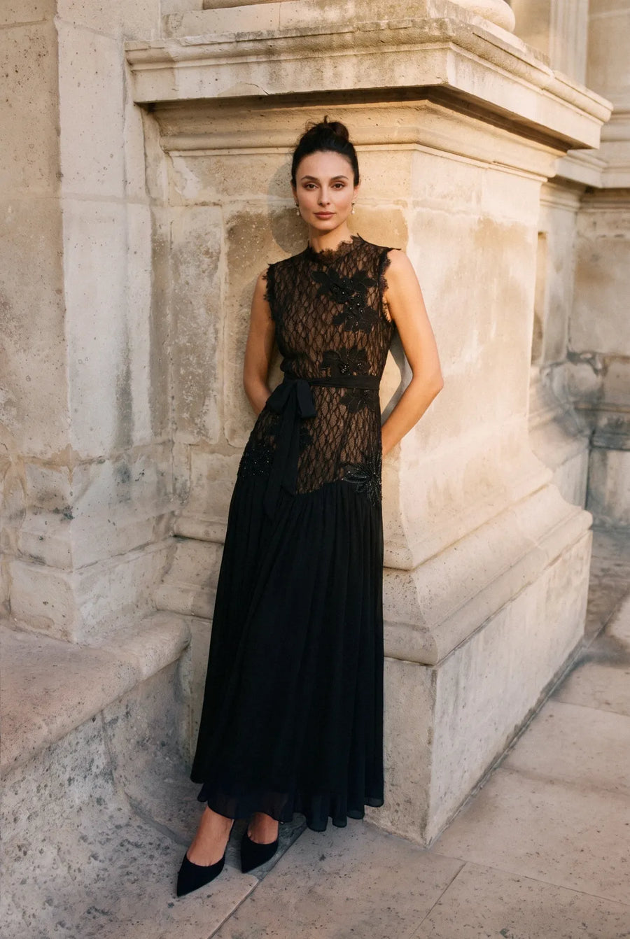 Haven | Women's High Neck Lace Bodice Chiffon Maxi Dress