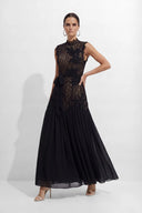 Haven | Women's High Neck Lace Bodice Chiffon Maxi Dress