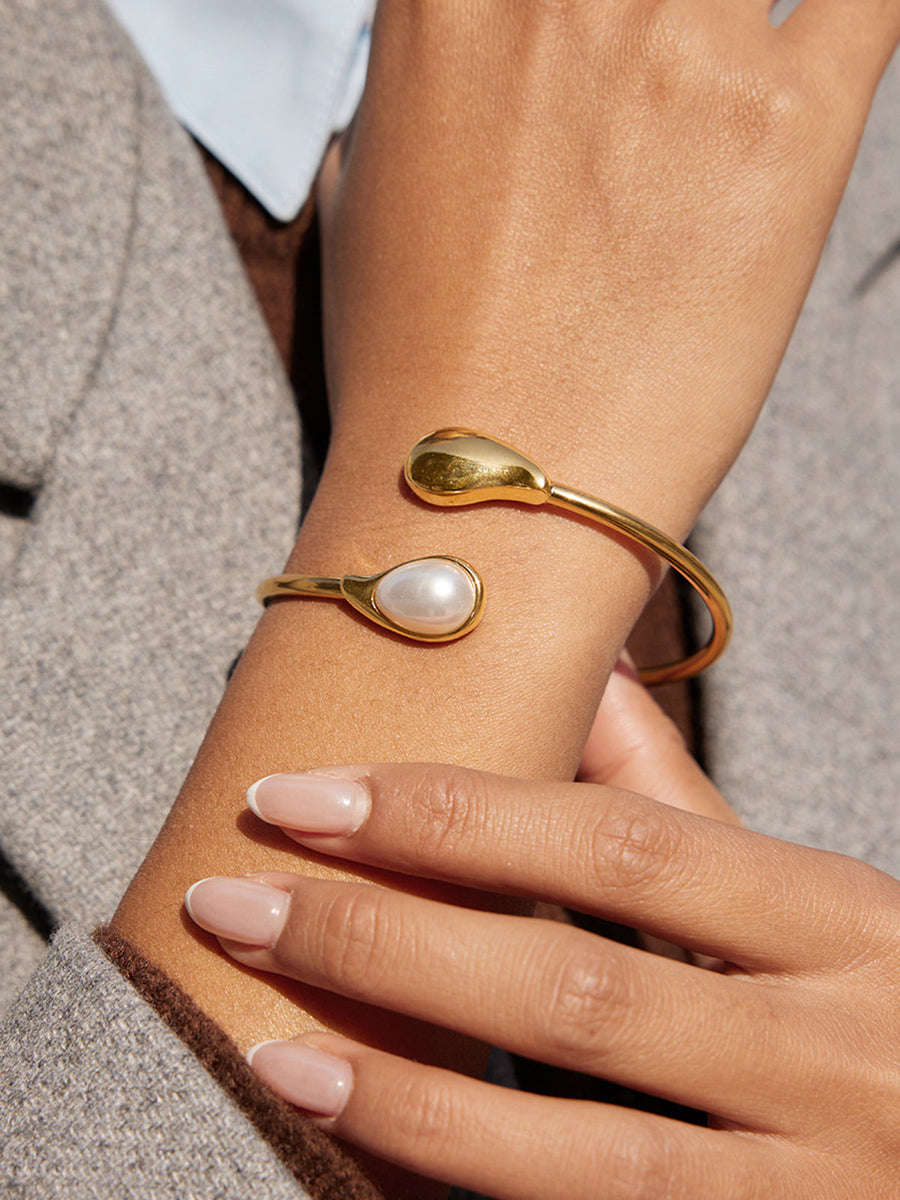 Hayley | Women's Open Cuff Dual End Detail Teardrop Pearl Bangle