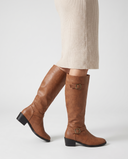 Ilaria | Women's Pointed Toe Buckle Strap Low Block Heel Knee High Riding Boots