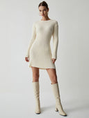 Iliana | Women's Crew Neck Long Sleeve Flared Hem Ribbed Knit Mini Dress