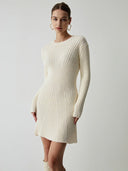 Iliana | Women's Crew Neck Long Sleeve Flared Hem Ribbed Knit Mini Dress