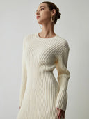 Iliana | Women's Crew Neck Long Sleeve Flared Hem Ribbed Knit Mini Dress