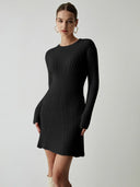 Iliana | Women's Crew Neck Long Sleeve Flared Hem Ribbed Knit Mini Dress