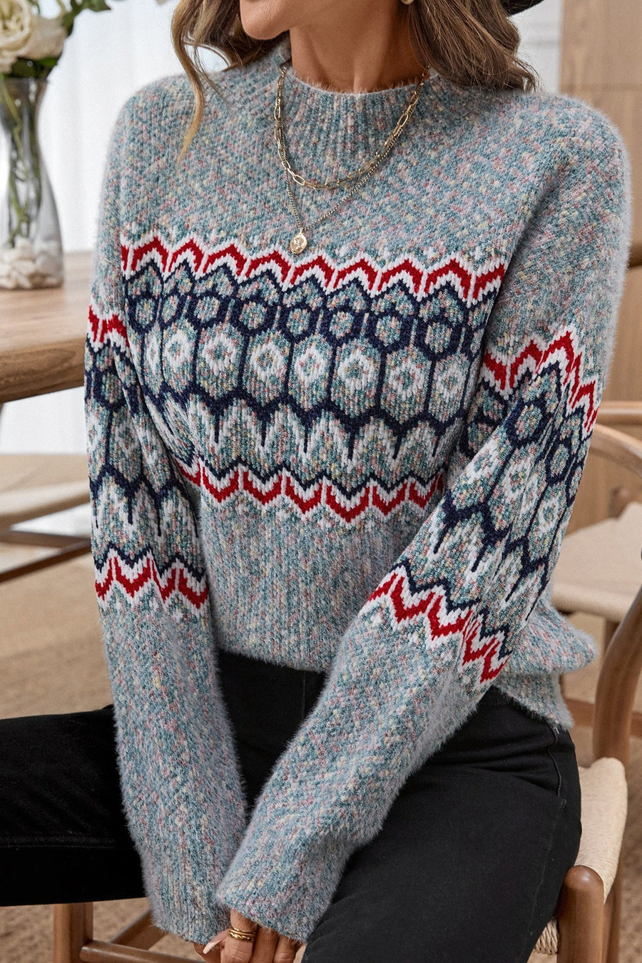 Indigo | Women's Casual Long Sleeve Geometric Knit Winter Sweater