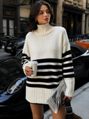 Indira | Women's Drop Shoulder Long Sleeve Striped Turtleneck Sweater