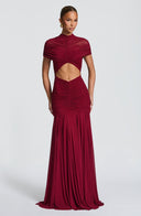 Inessa | Women's High Neck Short Sleeve Ruched Front Cutout Maxi Dress