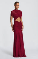 Inessa | Women's High Neck Short Sleeve Ruched Front Cutout Maxi Dress