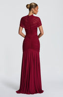 Inessa | Women's High Neck Short Sleeve Ruched Front Cutout Maxi Dress