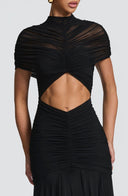 Inessa | Women's High Neck Short Sleeve Ruched Front Cutout Maxi Dress