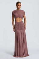 Inessa | Women's High Neck Short Sleeve Ruched Front Cutout Maxi Dress