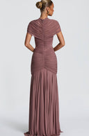 Inessa | Women's High Neck Short Sleeve Ruched Front Cutout Maxi Dress