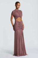 Inessa | Women's High Neck Short Sleeve Ruched Front Cutout Maxi Dress