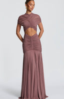 Inessa | Women's High Neck Short Sleeve Ruched Front Cutout Maxi Dress