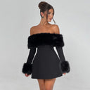 Jaliyah | Women's Off Shoulder Long Sleeve Flared Skirt Plush Trim Mini Dress