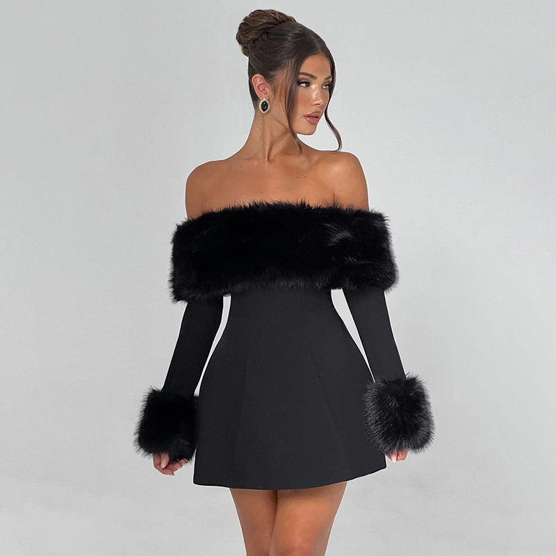Jaliyah | Women's Off Shoulder Long Sleeve Flared Skirt Plush Trim Mini Dress