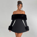 Jaliyah | Women's Off Shoulder Long Sleeve Flared Skirt Plush Trim Mini Dress