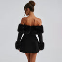 Jaliyah | Women's Off Shoulder Long Sleeve Flared Skirt Plush Trim Mini Dress