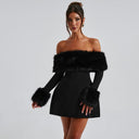 Jaliyah | Women's Off Shoulder Long Sleeve Flared Skirt Plush Trim Mini Dress