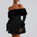 Jaliyah | Women's Off Shoulder Long Sleeve Flared Skirt Plush Trim Mini Dress