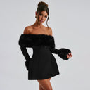 Jaliyah | Women's Off Shoulder Long Sleeve Flared Skirt Plush Trim Mini Dress