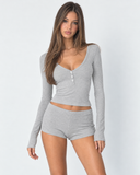 Janine | Women's Ribbed V Neck Long Sleeve Henley Pajama Set with Shorts