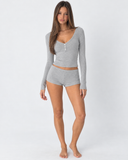 Janine | Women's Ribbed V Neck Long Sleeve Henley Pajama Set with Shorts
