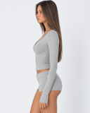 Janine | Women's Ribbed V Neck Long Sleeve Henley Pajama Set with Shorts