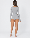 Janine | Women's Ribbed V Neck Long Sleeve Henley Pajama Set with Shorts