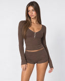 Janine | Women's Ribbed V Neck Long Sleeve Henley Pajama Set with Shorts