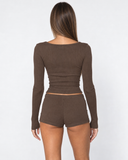 Janine | Women's Ribbed V Neck Long Sleeve Henley Pajama Set with Shorts
