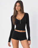 Janine | Women's Ribbed V Neck Long Sleeve Henley Pajama Set with Shorts