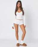 Janine | Women's Ribbed V Neck Long Sleeve Henley Pajama Set with Shorts