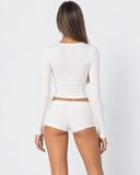 Janine | Women's Ribbed V Neck Long Sleeve Henley Pajama Set with Shorts