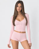 Janine | Women's Ribbed V Neck Long Sleeve Henley Pajama Set with Shorts
