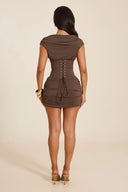 Jayla | Women's Plunge Neck Cap Sleeve Lace Up Back Ruched Corset Mini Dress