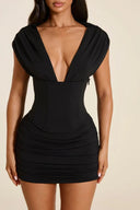 Jayla | Women's Plunge Neck Cap Sleeve Lace Up Back Ruched Corset Mini Dress