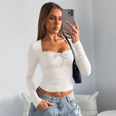 Jazlynn | Women's Square Neck Long Sleeve Bow Tie Front Lace Trim Top
