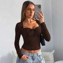 Jazlynn | Women's Square Neck Long Sleeve Bow Tie Front Lace Trim Top