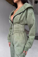 Jazmine | Women's Zip Front Long Sleeve Hooded Drawstring Two Piece Set