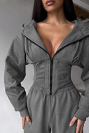Jazmine | Women's Zip Front Long Sleeve Hooded Drawstring Two Piece Set