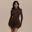 Jessara | Women's Boat Neck Long Sleeve Ruched Draped Front Mini Dress