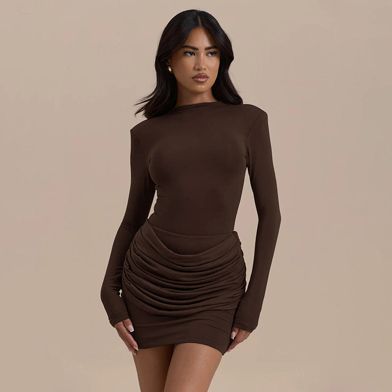 Jessara | Women's Boat Neck Long Sleeve Ruched Draped Front Mini Dress
