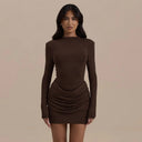 Jessara | Women's Boat Neck Long Sleeve Ruched Draped Front Mini Dress