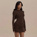 Jessara | Women's Boat Neck Long Sleeve Ruched Draped Front Mini Dress
